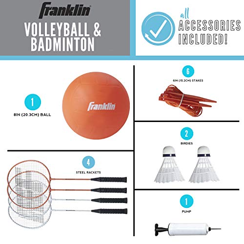 Franklin Sports Volleyball + Badminton Combo Sets - Backyard + Beach Outdoor Volleyball + Badminton Net Set - Portable Badminton + Volleyball Net with Poles - Volleyball, Rackets + Birdies Included - style: Starter