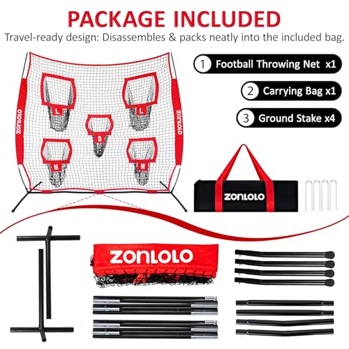 Zonlolo 7×7ft Football Throwing Net, Football Training Net,Target Practice with 5 Different Sized L/M/S Targets | Great for Quarterback | Includes Compact Carrying Bag - color: Red/Black