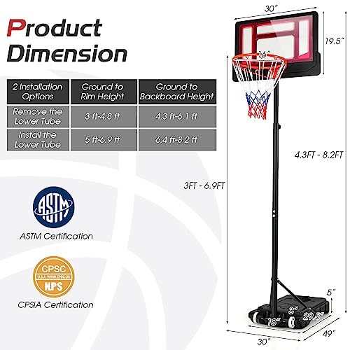 Giantex Basketball Hoop Outdoor Indoor, 4.3 FT-8.2 FT Height Adjustable Basketball Goal Court System w/Fillable Base, Backboard & 2 Wheels, Portable Basketball Hoop for Kids Backyard Driveway