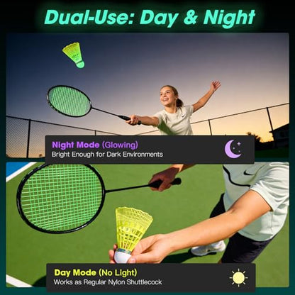 AboveGenius Glow in The Dark Badminton Birdies 6 PCS, 360° Nylon LED Badminton Shuttlecocks for Family Backyards Practice, Long Lasting Light Up Birdie Balls Set for Indoor Outdoor Sports Activities