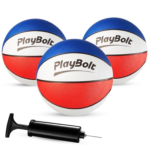 PlayBolt Size 3 Mini Basketballs (3 Pack) - 7-Inch Junior Rubber Basketball Set w/Pump - Youth Beginner Kids Basketballs for Backyard Pool Parties, Arcade Games, Practice & Play - color: Red, White & Blue