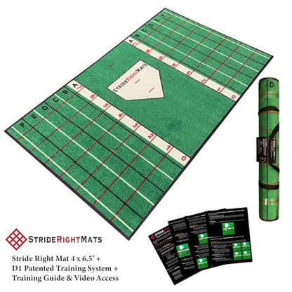 Stride Right Hitting Mat Training System | 2-in-1 Baseball & Softball Batting Mat with Instructional Guide for Stance, Stride & Setup | Improve Swing Mechanics & Consistency