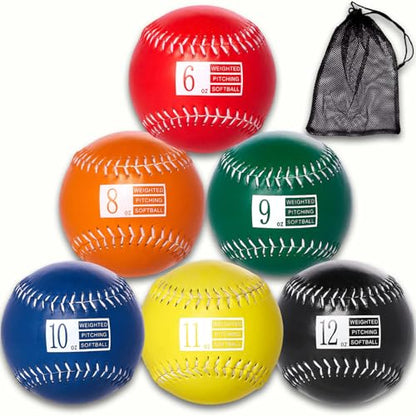 Set of 6 Weighted Softball - Training Softballs Weighted Balls for Softball with Drawstring Bag - 6oz to 12oz, 12 Inch - Help Increase Pitch Velocity - Great for All Skill Levels