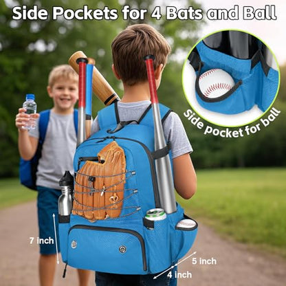 MATEIN Baseball Bat Bag for 4 Bats with Ball Pocket, Lightweight Youth Baseball Backpack with Shoe Compartment, Large Capacity Softball Equipment Bag with Fence Hook for TBall Gear, Helmet, Glove - color: Blue