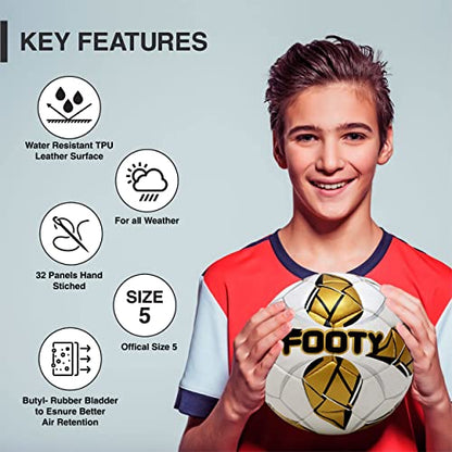 Footy - Size 5 Leather Soccer Ball with Pump - Professional Youth Training Ball - color: Golden