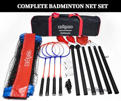 Zdgao Badminton Sets for Backyard, Portable Badminton Net with Tension Adjuster, Badminton Racket Set of 4, 3 Nylon Shuttlecocks, Boundary Line and Carry Bag for Backyard Beach Family Games - color: RED&BLUE