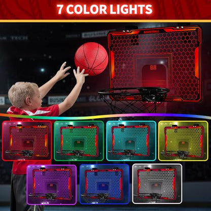 HYES Basketball Hoop Indoor, Mini Basket Ball Hoop with 7 LED Lighting, Scoreboard, Over Door Basketball Hoop with 3 Modes, Volume Adjustable, Foldable, Basketball Toys Gifts for Kids Adults - size: red- with remote controller