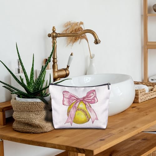 Softball Bow Makeup Bag - Softball Gifts for Women Softball Lovers Softball Mom Team, Softball Accessories for Girls, Pink Bow Softball Stuff for Women