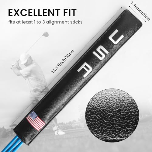 FINGER TEN Golf Alignment Stick Cover Headcover Rods Holder Case Leather 14''× 2'' in USA Black White Green Hold At Least 2 Sticks - color: Black-USA Flag