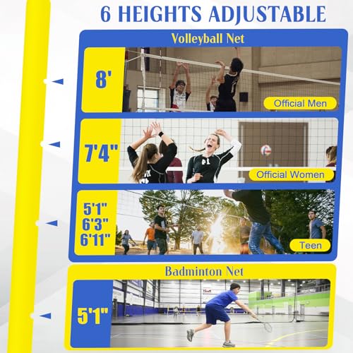 Indoor Volleyball Net, Easy to Install 8ft Professional Volleyball Post,20 ft Long,Adjustable Height,for Indoor Gym Floor Outdoor Backyard