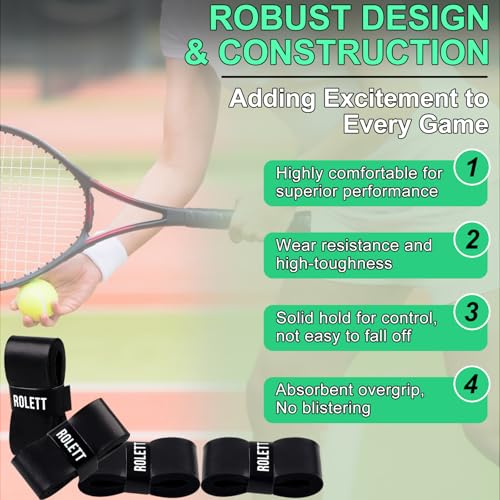 Rolett 12 Pack Tennis Racket Grip Tape, Precut Anti Slip Tennis Grip Tape, Absorbent and Dry Feel Tennis/Pickleball/Badminton Grips Overgrip Tape, Highly Comfortable Overgrip Tennis Racket Tape