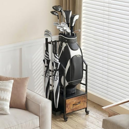 Golf Bag Organizer Rack with Wheels, Golf Storage Organizer for Garage,Golf Stand & Accessories,Brown Garage Organizer Fit Single Golf Bags