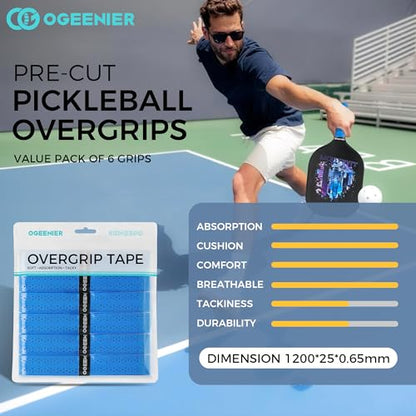 Pickleball Paddle Grips, Pack of 6, Non-Slip & Moisture Wicking Overgrip Tape for Pickleball Paddles - color: Blue
