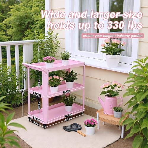 3 Tier Metal Utility Rolling Cart with Wheels, Heavy Duty Storage Organizer Trolley Cart for Kitchen, Bathroom, Office, Bedroom – Multi-Purpose 330Lbs Capacity Utility Cart on Wheels, Pink - color: Pink