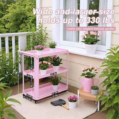 3 Tier Metal Utility Rolling Cart with Wheels, Heavy Duty Storage Organizer Trolley Cart for Kitchen, Bathroom, Office, Bedroom – Multi-Purpose 330Lbs Capacity Utility Cart on Wheels, Pink - color: Pink