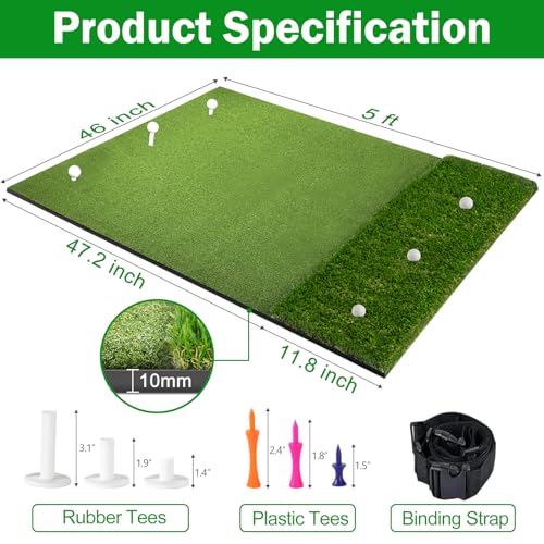 5x4ft Golf Hitting Mat, Professional Practice Turf for Indoor & Outdoor Use, Shock Absorption EVA Base, Integrated Ball Tray or Dual-Turf Design, Portable Carrying Strap