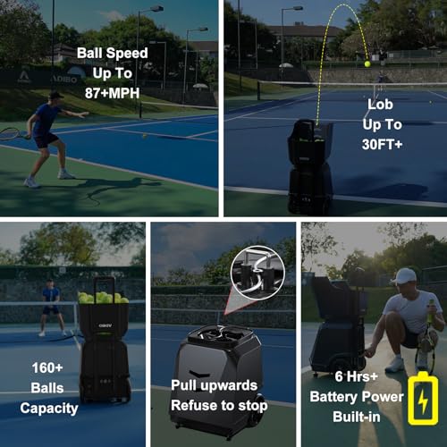 ADIBO Tennis Ball Machine, Internal Oscillation, Authentic Programming, Dual Motors with Topspin & Backspin, 160+ Balls, 6-Hour Non-Stop Runtime, Stable Voltage Contro