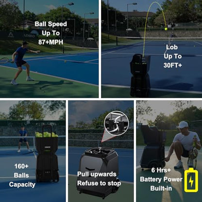ADIBO Tennis Ball Machine, Internal Oscillation, Authentic Programming, Dual Motors with Topspin & Backspin, 160+ Balls, 6-Hour Non-Stop Runtime, Stable Voltage Contro