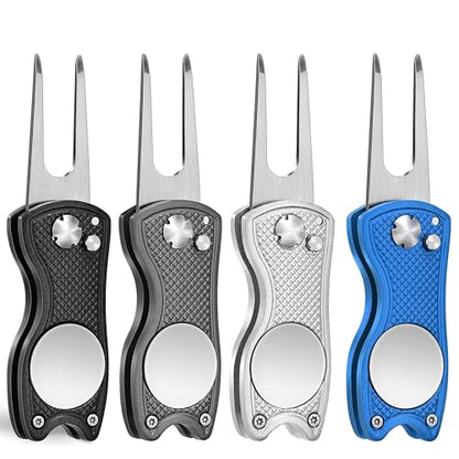 Mile High Life Golf Divot Repair Tool, All Metal Foldable Divot Tool with Pop-up Button & Magnetic Ball Marker, 2-6 Pack - color: F4-(Black/Sliver/Blue/Gray)