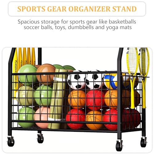 YOHKOH Sports Organizer for Garage, Large Sports Equipment Organizer Cart with 5 Baseball Stick Holders, Ball Storage Rack, Heavy-Duty Garage Sports Gear Storage with Wheels