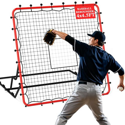 4x4.5FT Baseball Rebounder Net with 4 Adjustable Angles & 30 Bungee Cords, Multi-Sport Pitchback Net for Soccer, Baseball, Softball, Volleyball Practice –Tool-Free Setup, All Levels Youth & Adults