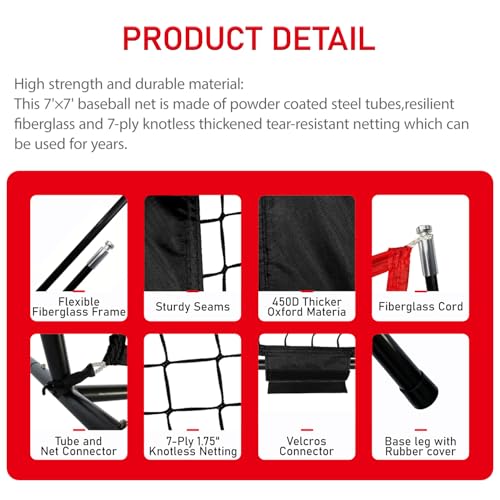 7x7 Ft Baseball and Softball Training Net with Batting Tee, Strike Zone Target, Portable Hitting and Pitching Practice Set - color: Black