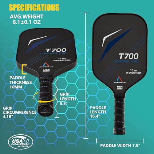 Pickleball Paddle,Pickleball Paddles-3K Raw Carbon Fiber Pickle Ball Paddle Surface with Great Grit & Spin,T700 Pickleball Racket with Excellent Power,Control and Balance,USAPA Approved - color: Black Blue