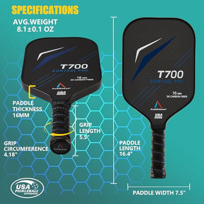 Pickleball Paddle,Pickleball Paddles-3K Raw Carbon Fiber Pickle Ball Paddle Surface with Great Grit & Spin,T700 Pickleball Racket with Excellent Power,Control and Balance,USAPA Approved - color: Black Blue