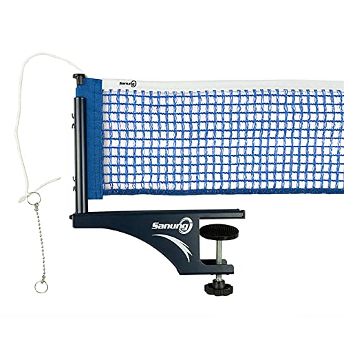 Sanung S405 Table Tennis Net and Post Set, Thickened Folding Ping Pong Table Net and Post Kit with Bead Chain Measuring Ruler for Any Standard Table Indoor Outdoor, Blue