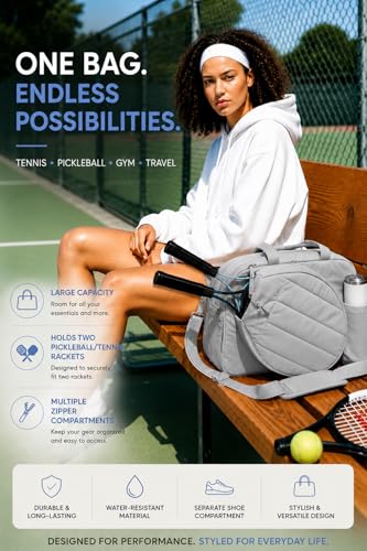Pickleball,Tennis Racket Bag,Gym Bag for Women,Man. Quilted, Holds 2 Rackets with Shoe Compartment. Sport Bag for Gym, Court, Travel Duffle Bag - color: Light Grey