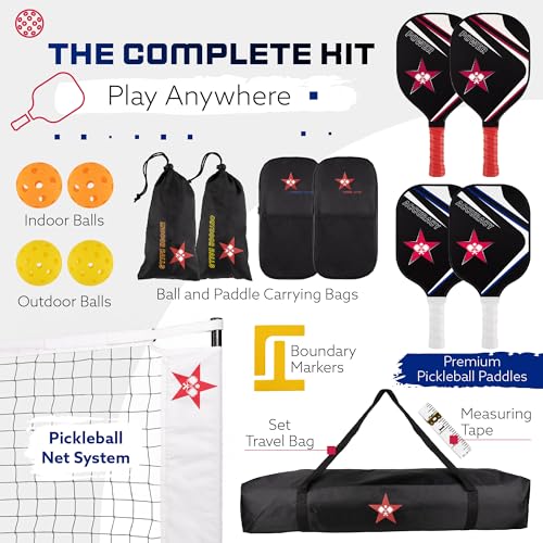 Pickleball Net Complete Kit, Full Court Size (22 FT) Two Different Paddle Styles, Weather Resistent Metal Frame, Carry Bag, for Indoor/Outdoor/Driveway.