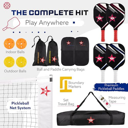 Pickleball Net Complete Kit, Full Court Size (22 FT) Two Different Paddle Styles, Weather Resistent Metal Frame, Carry Bag, for Indoor/Outdoor/Driveway.
