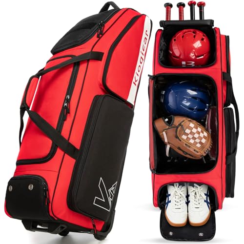 Catchers Gear Bag with Wheels for 4 Bats, Rolling Baseball Softball Bag With Multi-Pockets, Fence Hook, Holds All Baseball Equipment. - color: Red