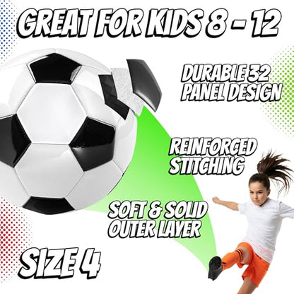 PlayBolt Soccer Ball Size 4 with Pump - Black & White Training Practice & Match Ball for Kids, Youth and Adults (Pack of 1 or 4)