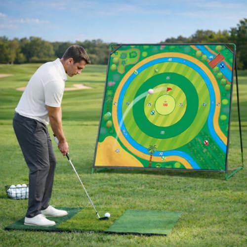 70x70 Inch Golf Chipping Net Battle Golf Extra Large Backyard Practice Net with 40 Training Balls, 3-Turf Hitting Mat, 2 Practice Clubs – Indoor Outdoor Use, Gift for Golf Lovers