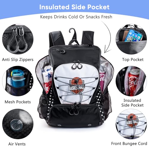 Basketball Bag Backpack with Ball Compartment & Shoe Pocket – Gym Bag for Basketball, Soccer, Football, Volleyball – Large Capacity Athletic Backpack for Youth & Adults, Basketball Gifts - color: Black