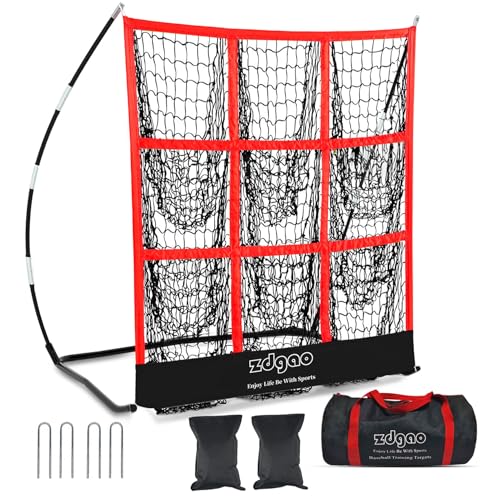 9 Hole Pitching Net for Baseball and Softball | Pitcher Training Net with Strike Zone Indoor Outdoor for Teens, Adults, Portable Pitching Training Equipment with Carry Bag - color: BLACK RED