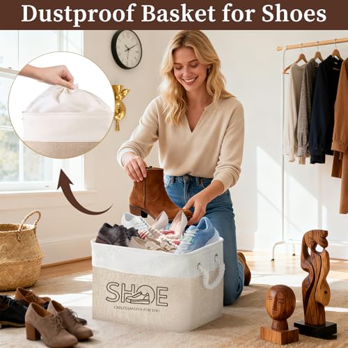 Shoe Basket Organizer, Large Capacity Fabric Entryway Shoe Storage Bin with Handle, Flodable Space-Saving Shoe Basket for Entryway, Hallway, Entryway and Mudroom - color: Khaki, style: Cotton Rope