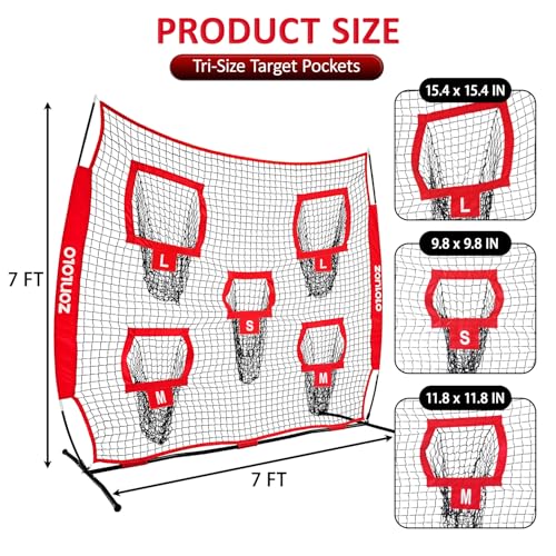 Zonlolo 7×7ft Football Throwing Net, Football Training Net,Target Practice with 5 Different Sized L/M/S Targets | Great for Quarterback | Includes Compact Carrying Bag - color: Red/Black