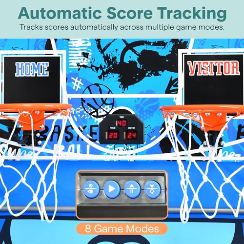 SereneLife Dual Shot Basketball Arcade Game with Electronic Scorer, 8 Game Modes, Indoor Outdoor 2 Player Basketball Shooting Game, Foldable Arcade Set with 5 Balls and Pump - style: Double Hoop, Heavy Duty