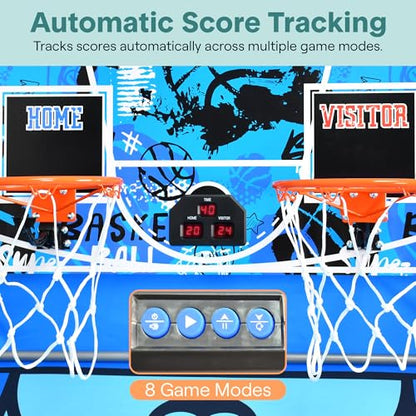 SereneLife Dual Shot Basketball Arcade Game with Electronic Scorer, 8 Game Modes, Indoor Outdoor 2 Player Basketball Shooting Game, Foldable Arcade Set with 5 Balls and Pump - style: Double Hoop, Heavy Duty