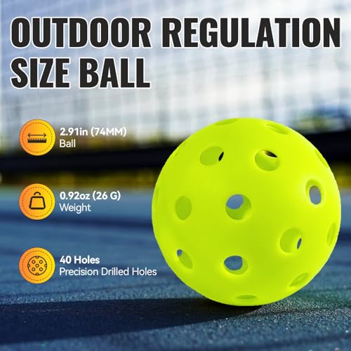 Pickleball Balls Outdoor 40 Holes - Durable High Bounce USAPA Approved - True Flight Tournament Pickleballs - 4/6/12 Pack - Accessories for Training & Competitive Play - color: Neon Green, style: 6-Pack