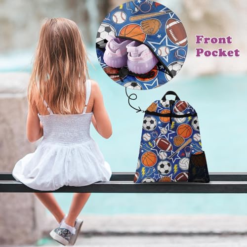 Sports Ball Drawstring Backpack, 15” x 17” Waterproof Swim Bag for Beach Swimming Pool, Lightweight Foldable Gym Bag with Water Bottle Holder for Sports Travel