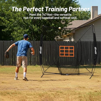 Ativafit 7x7 Baseball Practice Net - Portable Pitching & Batting Training Net with Hung Net*2 - Easy Setup Baseball Net - Includes, Practice Balls*3, Batting Tee*1, Carry Bag*1 - color: BLACK