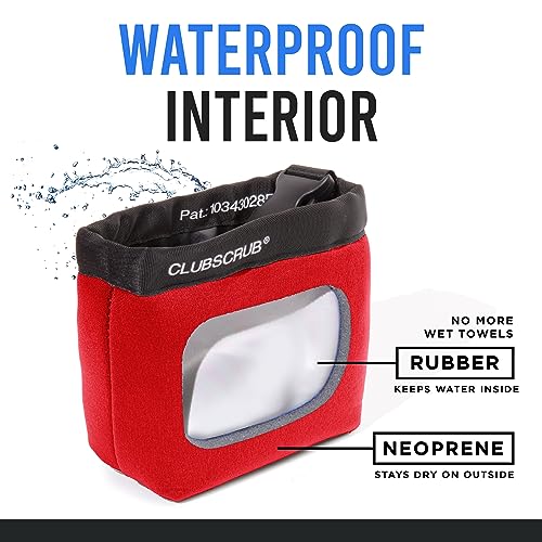 Club Scrub Golf Club and Golf Ball Cleaning Bag, Waterproof Clean Face Technology Liner, Detachable Clip, Machine Washable, Cleans Club Grooves, Dry Exterior (Neoprene or Microfiber Option Available) - color: Red, style: Neoprene