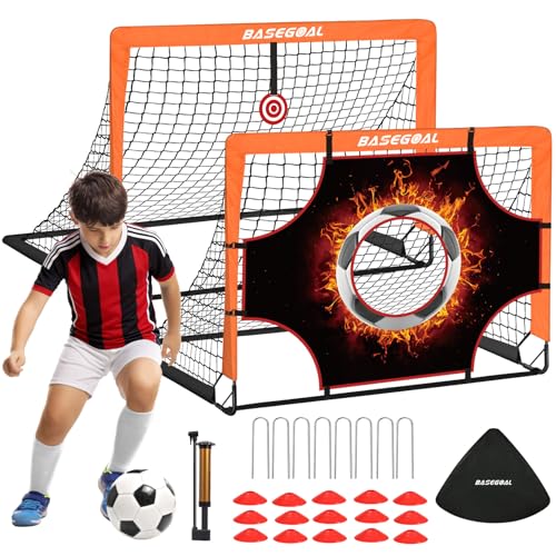 BaseGoal Soccer Goals for Backyard Set of 2, 4x3ft Kids Soccer Goal Portable Pop Up Soccer Net for Kids & Youth, Outdoor Soccer Training Equipment with Soccer Ball, Cones, Targets & Accessories - color: Orange Black