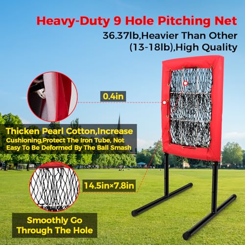 Heavy Duty 9 Hole Pitching Net with Strike Zone,9 Pocket Pitching Target Net of 4 Adjustable Heights (36-53in),Softball Pitching Net Fix by 8xspikes and 2xsandbags, Pitching Target Net for All Age