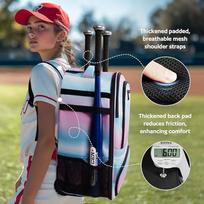 AUROTIER Rolling Baseball Backpack with Off-road Wheels, Wheeled Catchers Gear Bag for Baseball Equipment, 4 Bats, Large Softball Bag for TBall, Helmet & Accessories with Fence Hook - color: Blue-pink