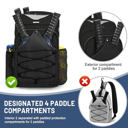 Pickleball Bag - Men's & Women's Pickleball Backpack, Adjustable Sling Bag with Large Capacity/Safety Pocket Ventilated Racket Compartments, Black