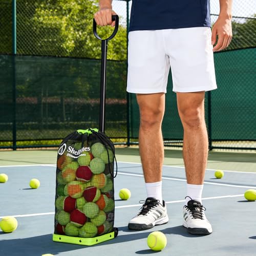 Tennis Ball Hopper with Telescopic Handle - Holds 50+ Tennis Balls or 40+ Pickleballs, Portable Tennis Ball Picker with Quiet Wheels，Built for Hard Courts & Daily Practice